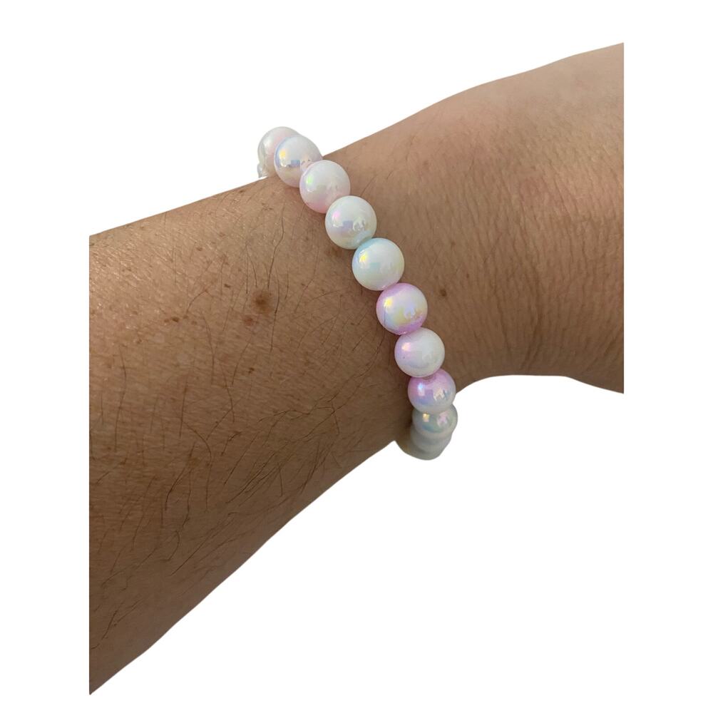 white bead bracelet with pastel sheen